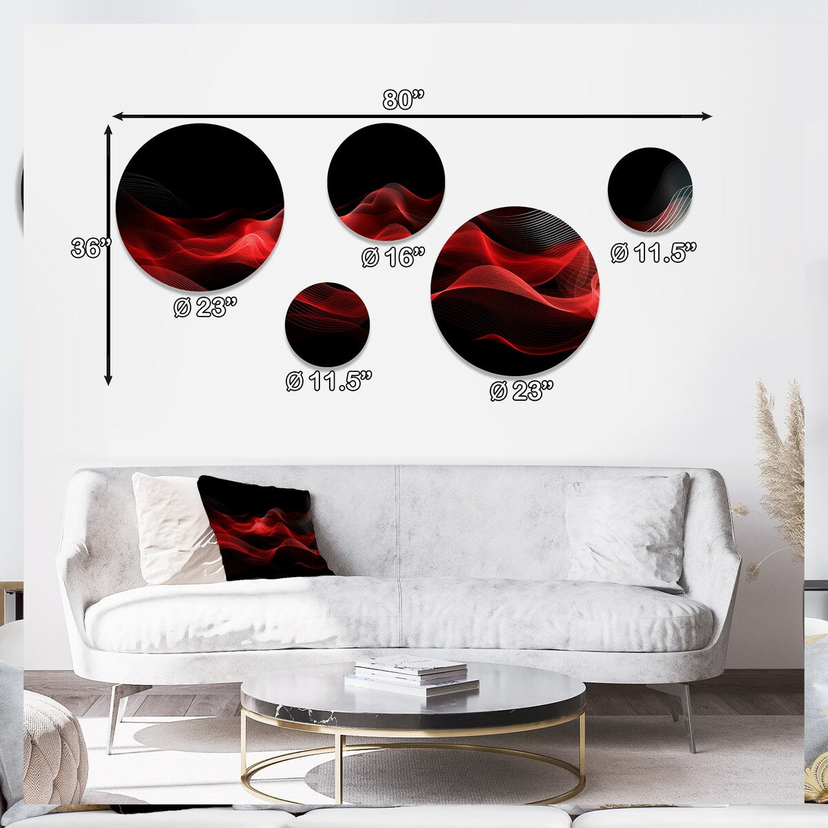 Designart Abstraction Contemplative IX Rouge Noir, Ondes Modernes, Ensemble de 5 Oeuvres Murales Rondes en Métal