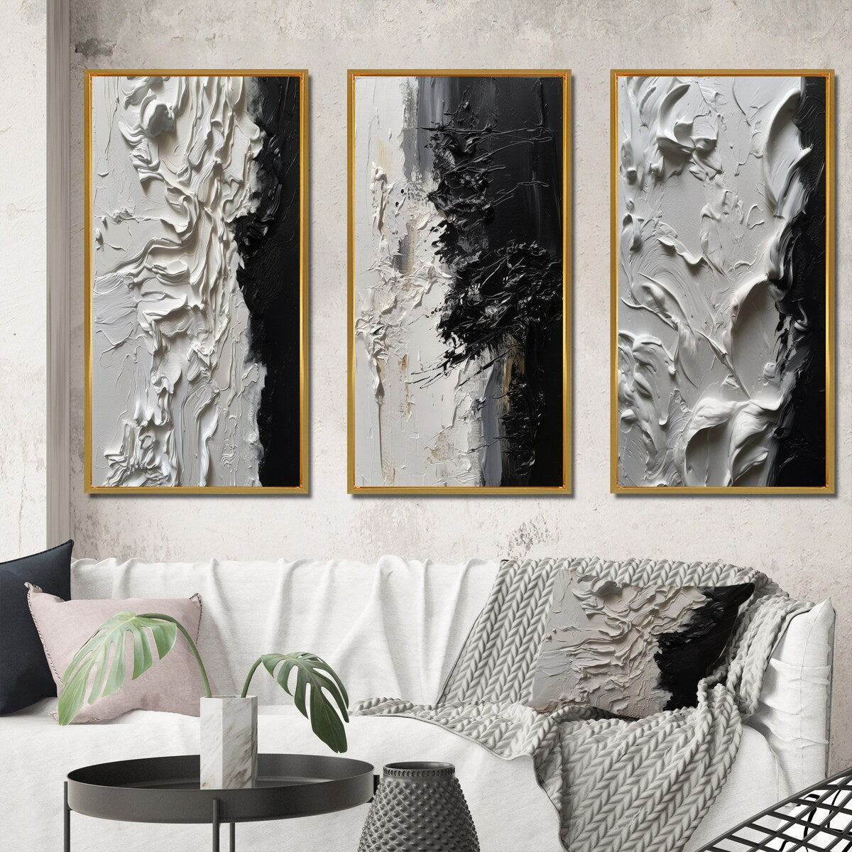 Designart Ensemble de 3 tableaux muraux encadrés abstraits en marbre « Tranquillité débridée III » noir et blanc pour décoration de bureau