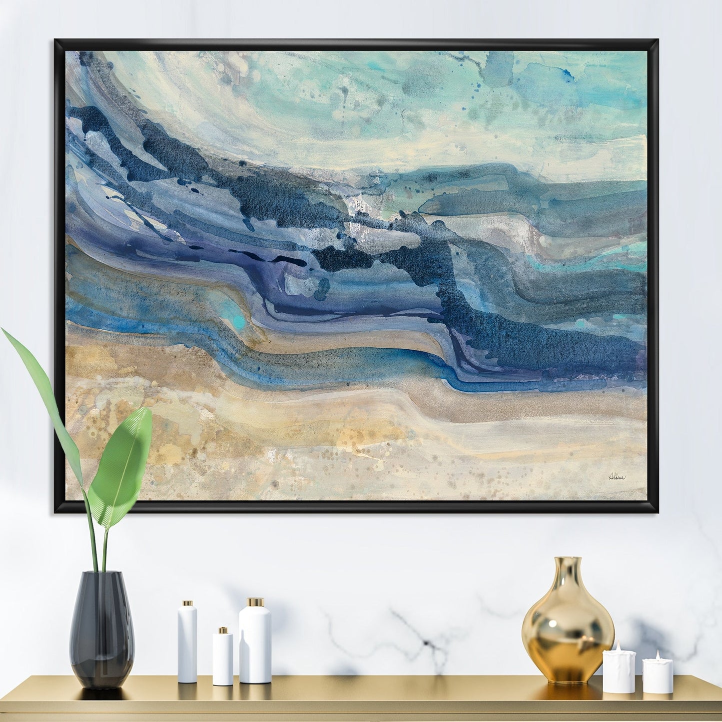 Designart Peinture sur toile encadrée représentant des vagues bleues de la mer, style aquarelle moderne et rustique.