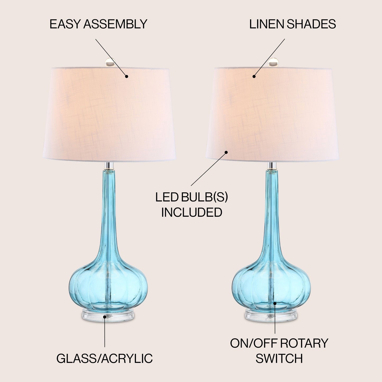 Lampe de table LED en verre en forme de goutte d'eau Diamante 28.5, rose (lot de 2) par JONATHAN Y