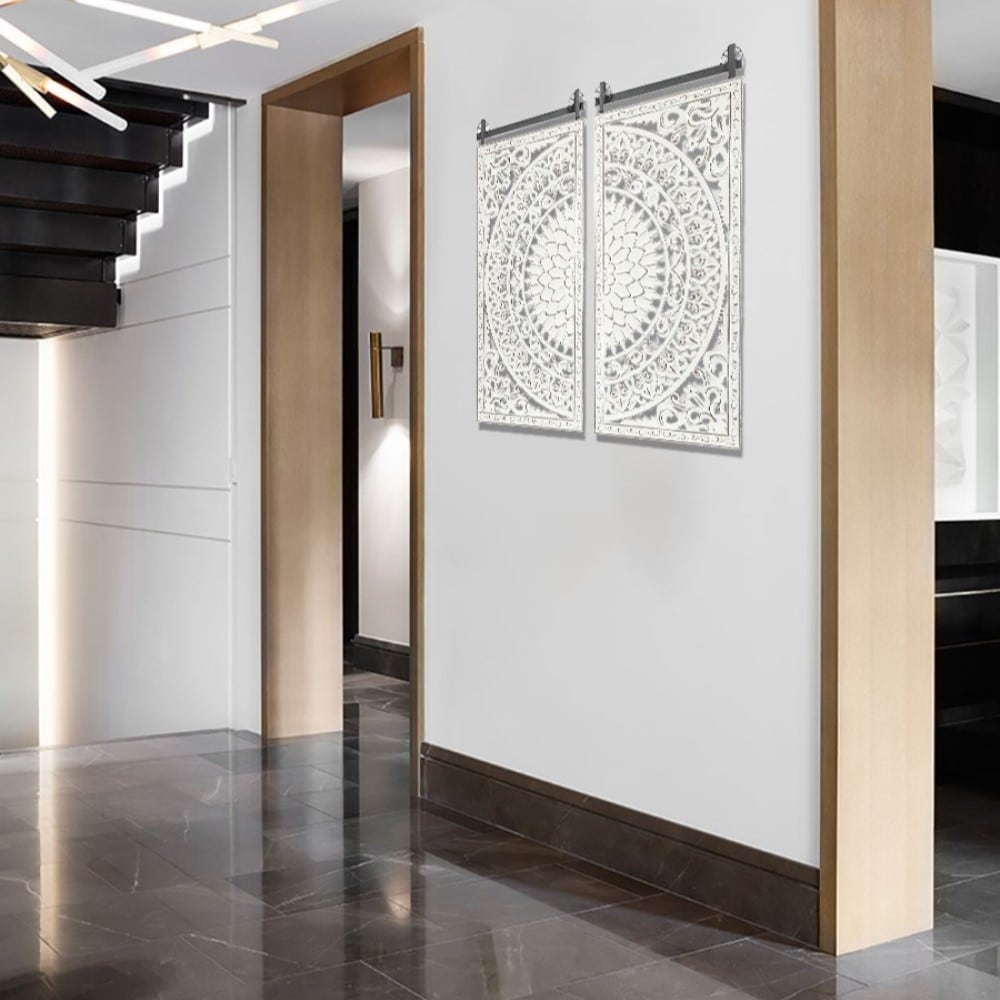 Décoration murale en bois blanc ivoire vieilli avec accents noirs (lot de 2)