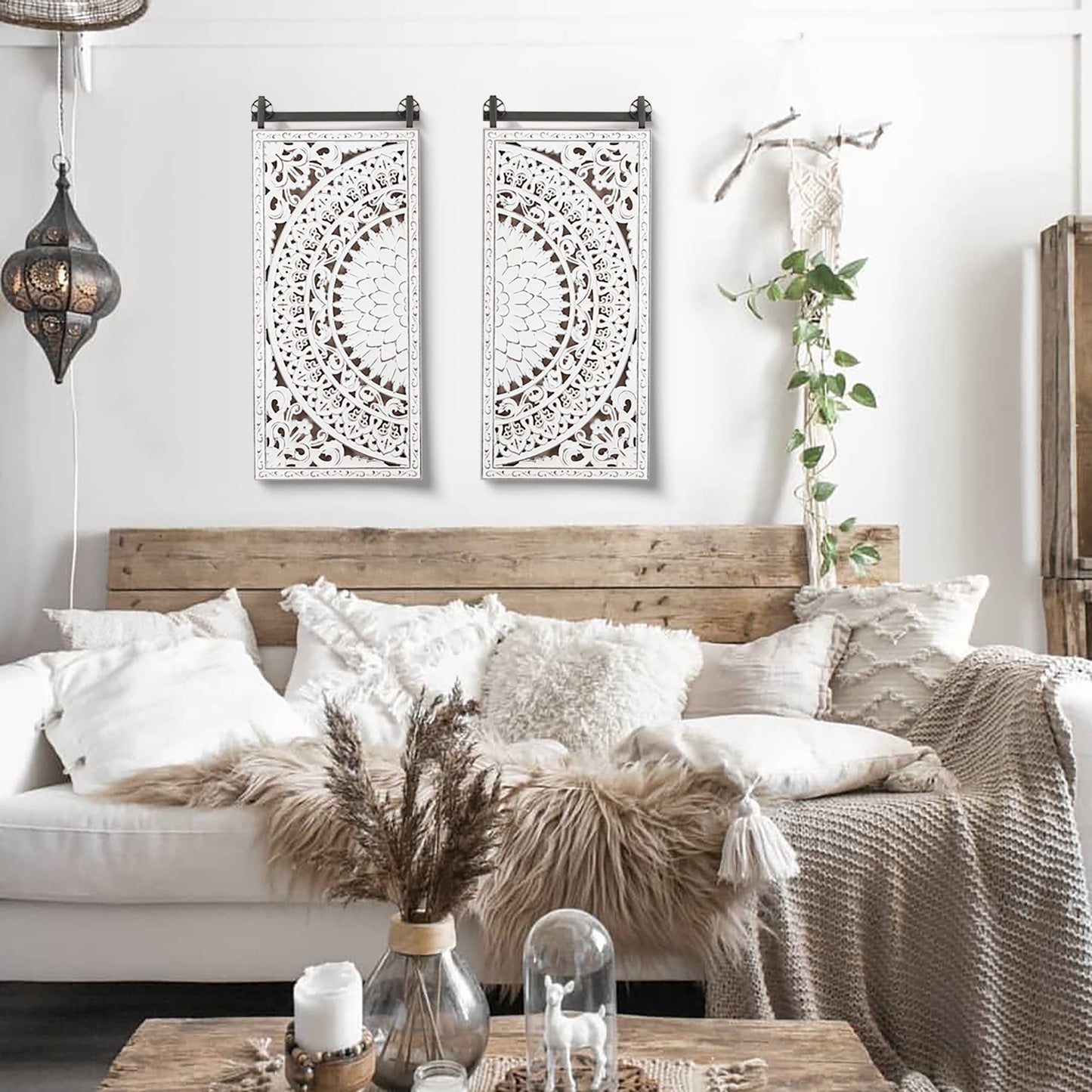 Décoration murale en bois blanc ivoire vieilli avec accents noirs (lot de 2)