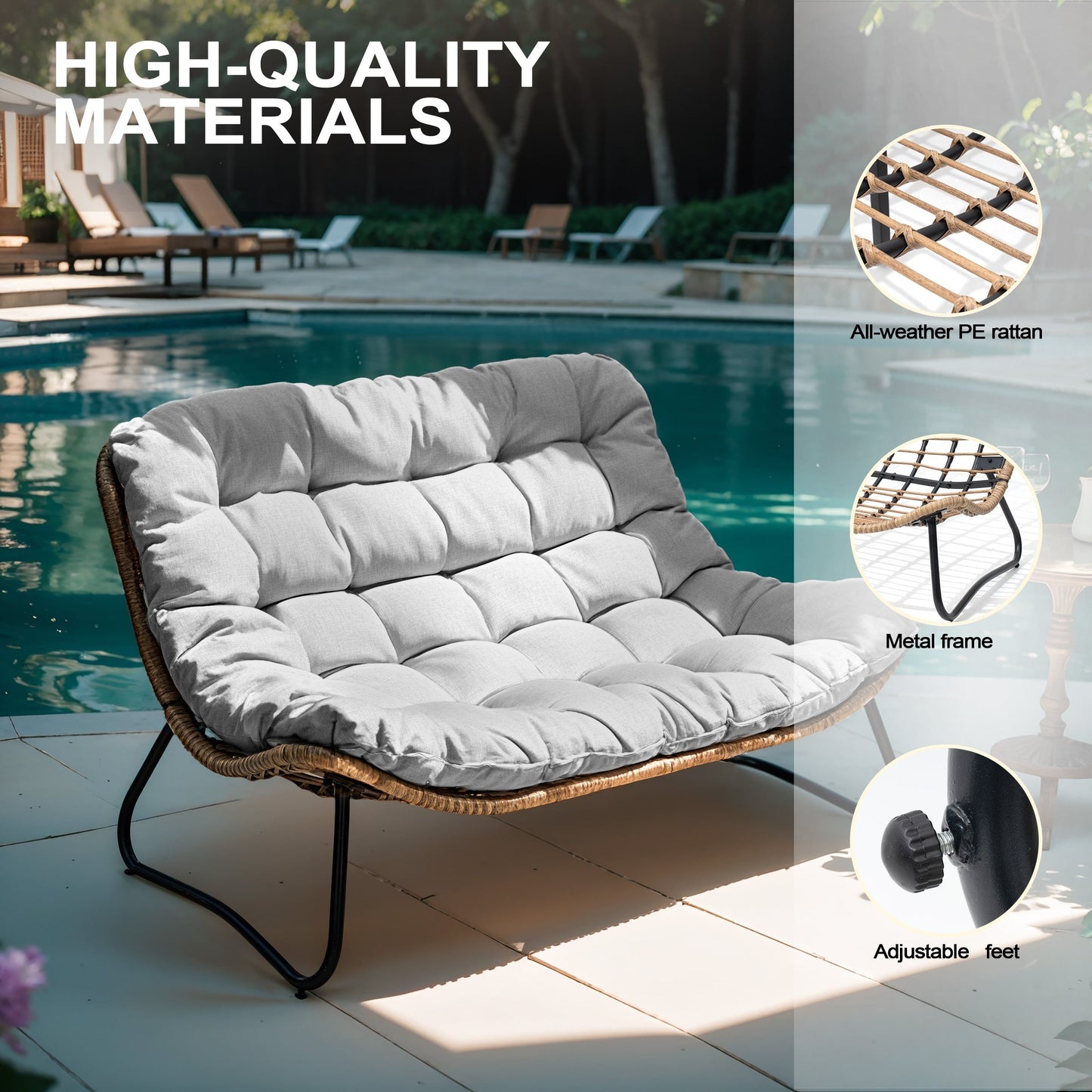 Fauteuil Papasan double avec coussin, en rotin PE résistant aux intempéries et cadre en métal, pour intérieur et extérieur.
