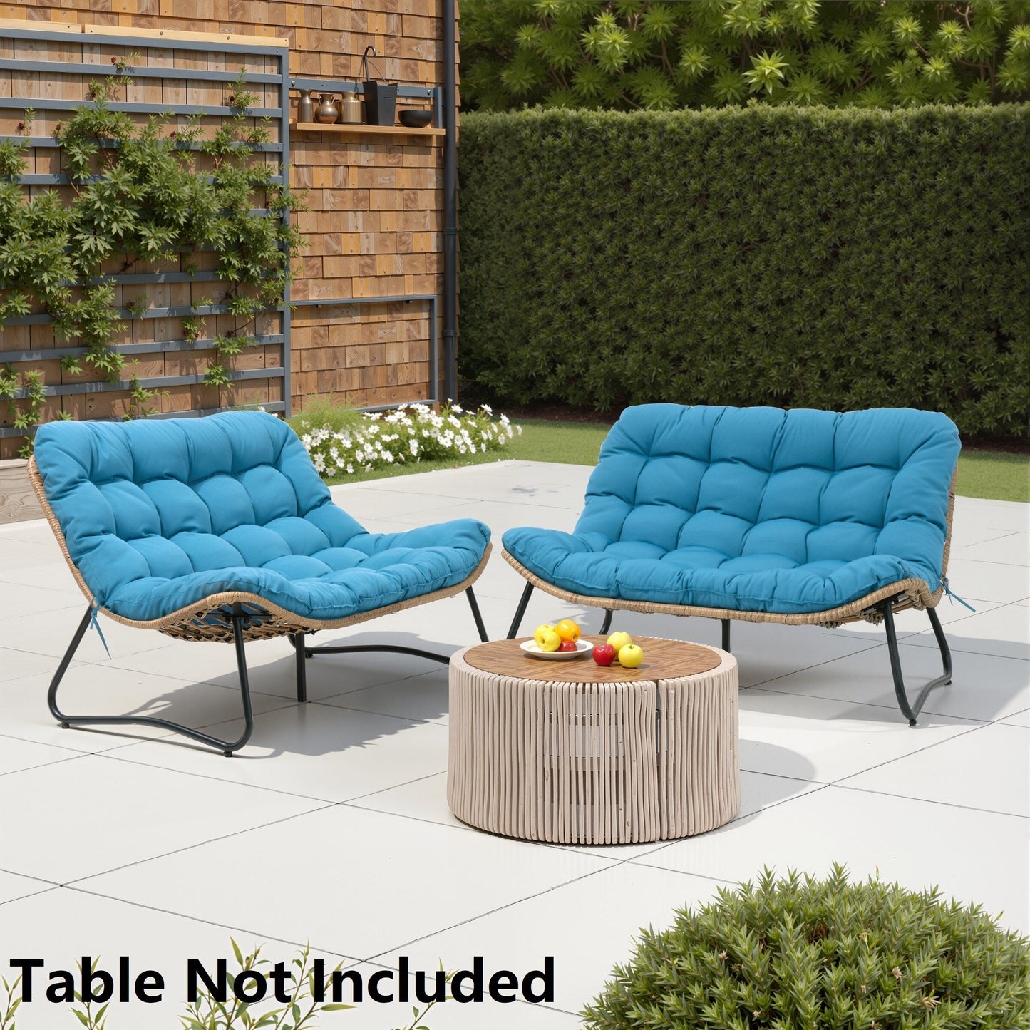 Fauteuil Papasan double avec coussin, en rotin PE résistant aux intempéries et cadre en métal, pour intérieur et extérieur.