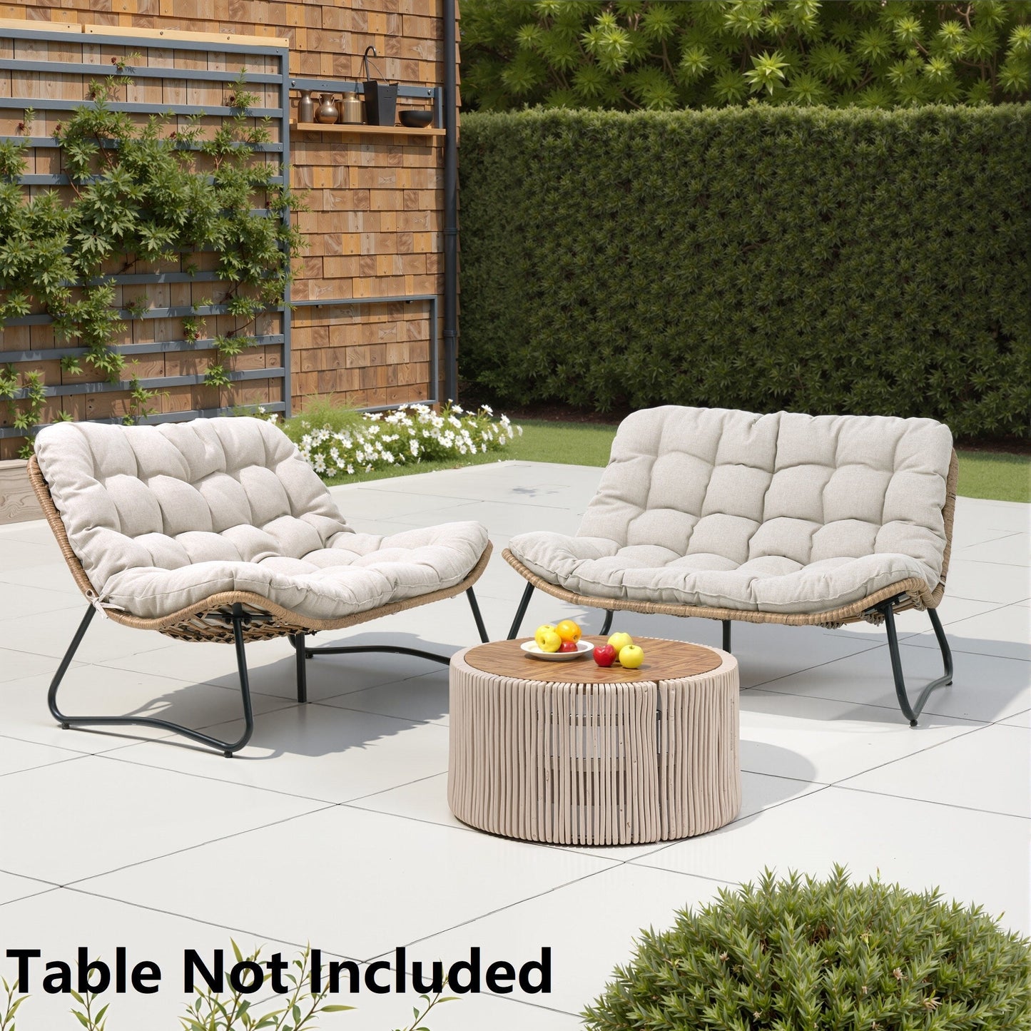 Fauteuil Papasan double avec coussin, en rotin PE résistant aux intempéries et cadre en métal, pour intérieur et extérieur.