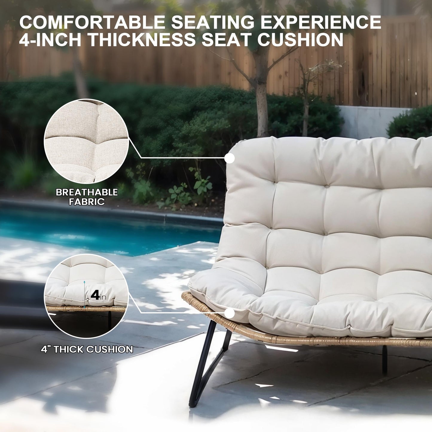 Fauteuil Papasan double avec coussin, en rotin PE résistant aux intempéries et cadre en métal, pour intérieur et extérieur.
