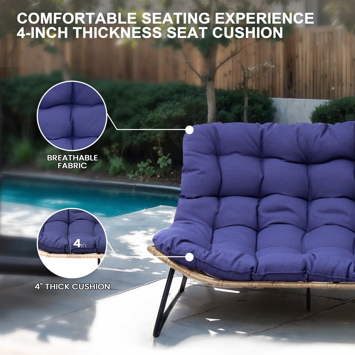 Fauteuil Papasan double avec coussin, en rotin PE résistant aux intempéries et cadre en métal, pour intérieur et extérieur.
