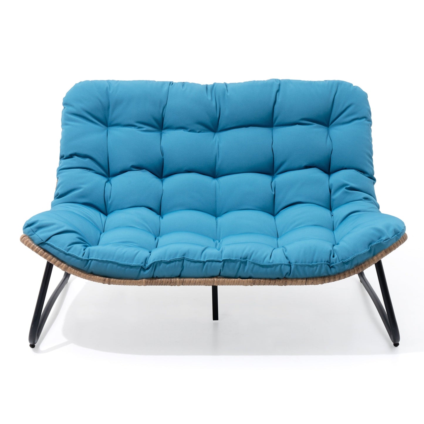 Fauteuil Papasan double avec coussin, en rotin PE résistant aux intempéries et cadre en métal, pour intérieur et extérieur.