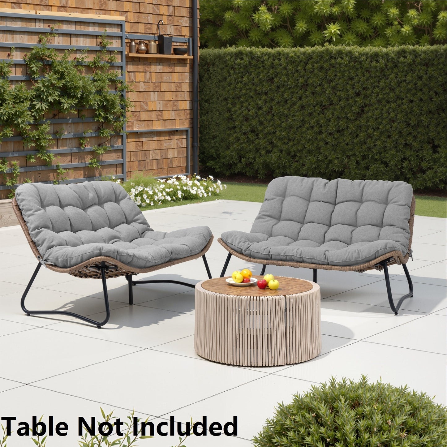 Fauteuil Papasan double avec coussin, en rotin PE résistant aux intempéries et cadre en métal, pour intérieur et extérieur.