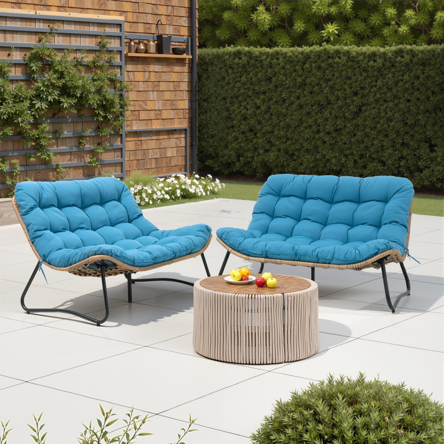 Fauteuil Papasan double avec coussin, en rotin PE résistant aux intempéries et cadre en métal, pour intérieur et extérieur.