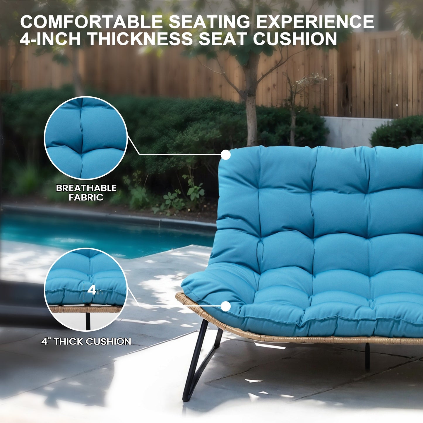 Fauteuil Papasan double avec coussin, en rotin PE résistant aux intempéries et cadre en métal, pour intérieur et extérieur.