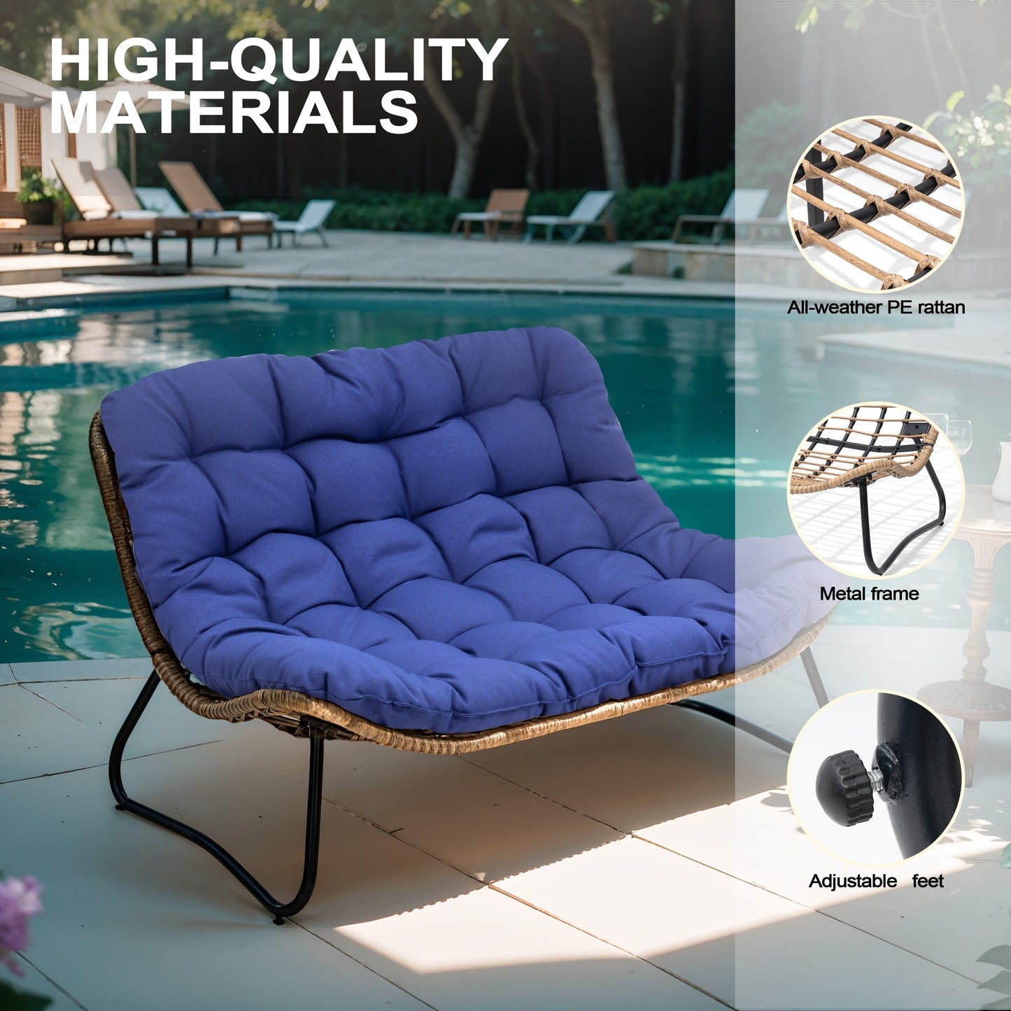 Fauteuil Papasan double avec coussin, en rotin PE résistant aux intempéries et cadre en métal, pour intérieur et extérieur.