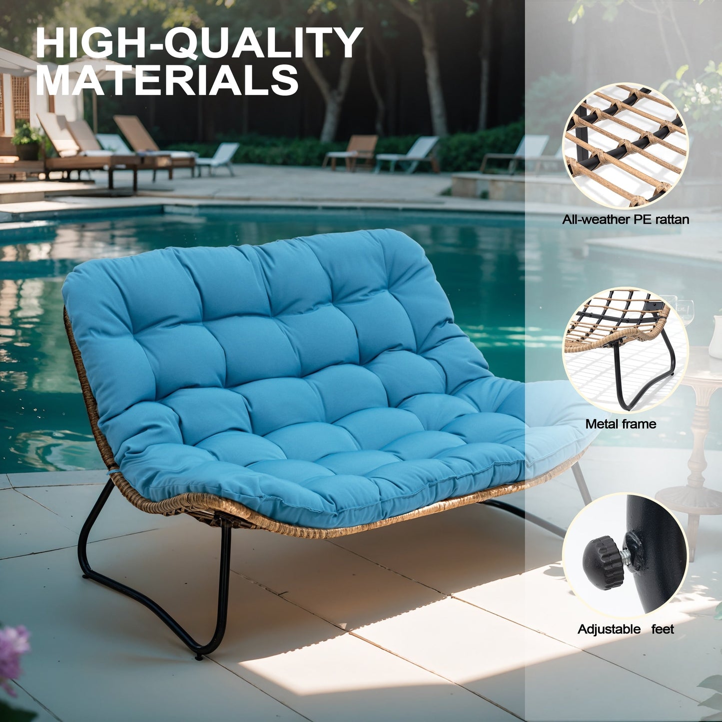 Fauteuil Papasan double avec coussin, en rotin PE résistant aux intempéries et cadre en métal, pour intérieur et extérieur.