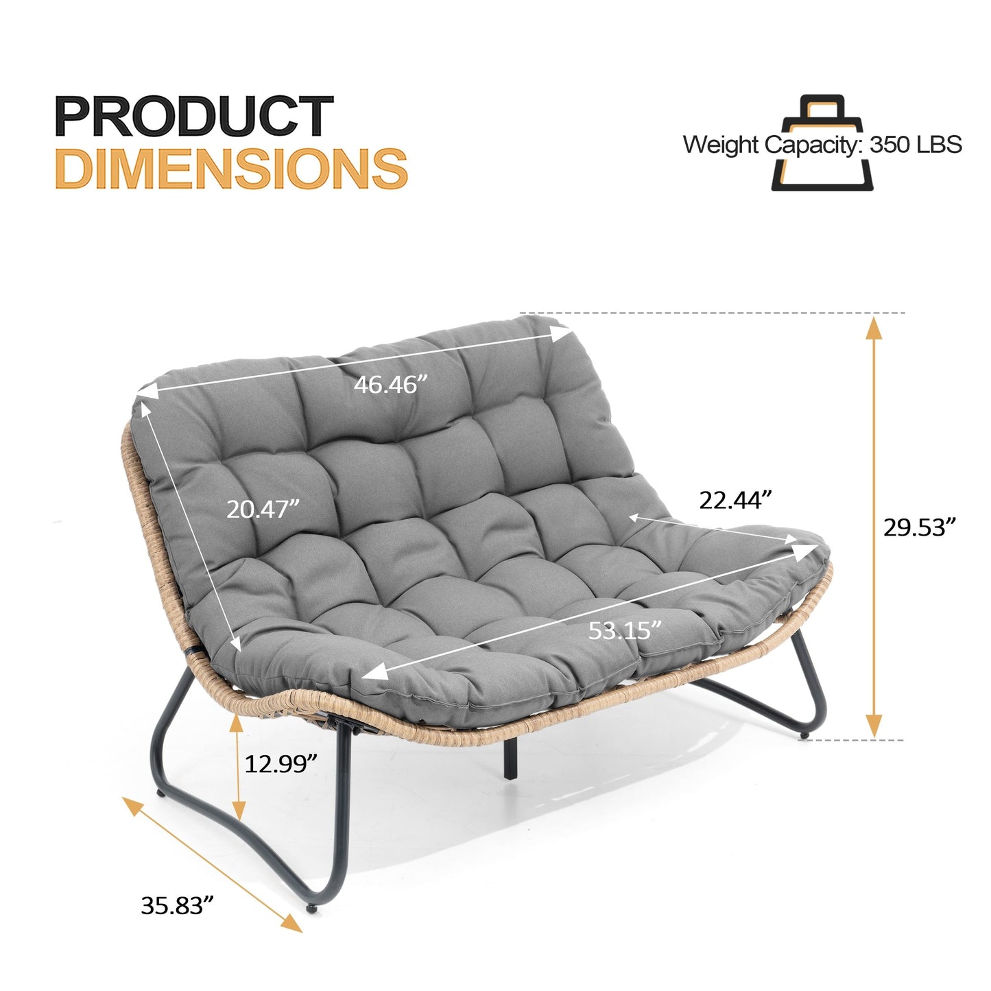 Fauteuil Papasan double avec coussin, en rotin PE résistant aux intempéries et cadre en métal, pour intérieur et extérieur.