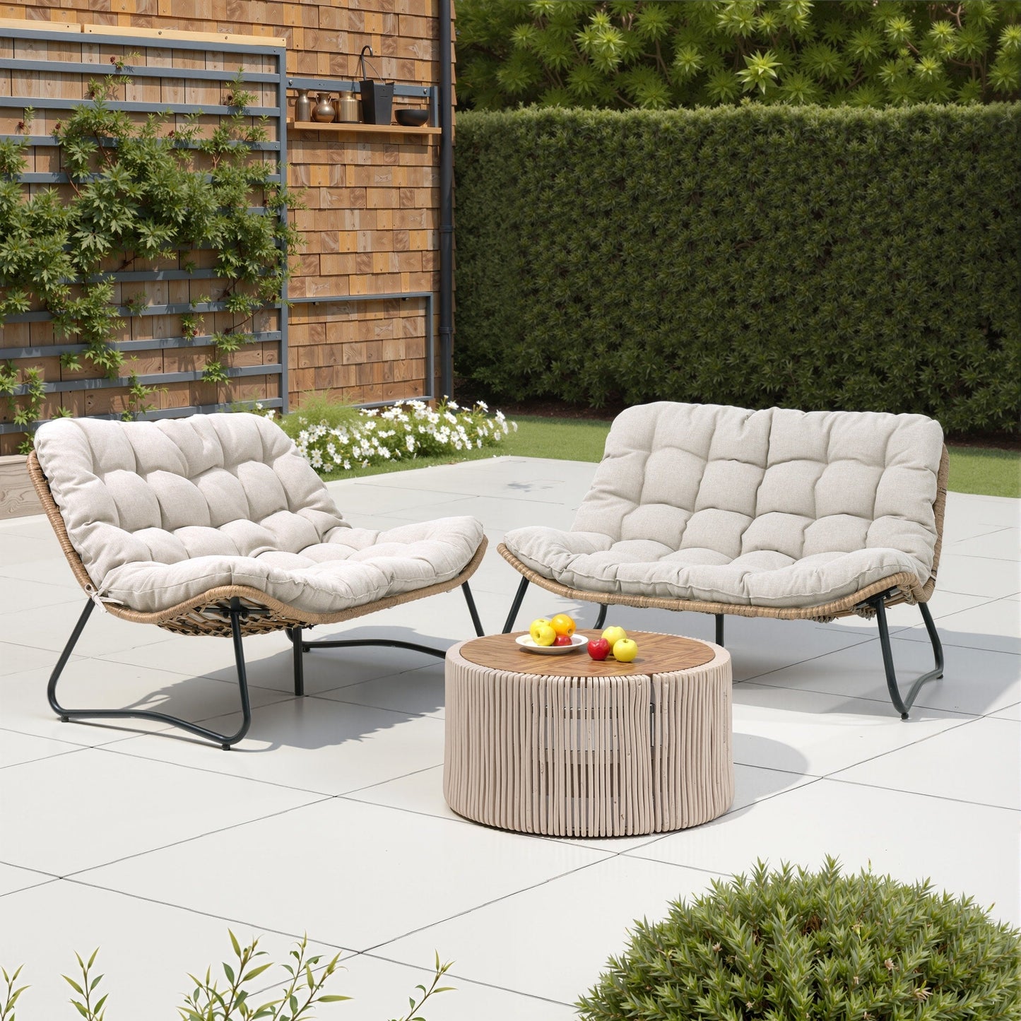 Fauteuil Papasan double avec coussin, en rotin PE résistant aux intempéries et cadre en métal, pour intérieur et extérieur.