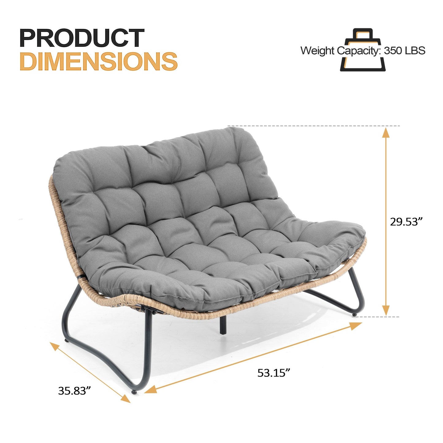Fauteuil Papasan double avec coussin, en rotin PE résistant aux intempéries et cadre en métal, pour intérieur et extérieur.