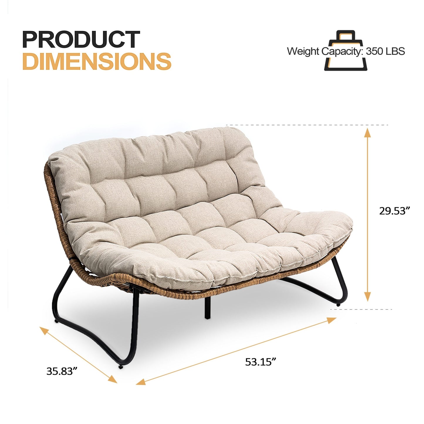 Fauteuil Papasan double avec coussin, en rotin PE résistant aux intempéries et cadre en métal, pour intérieur et extérieur.
