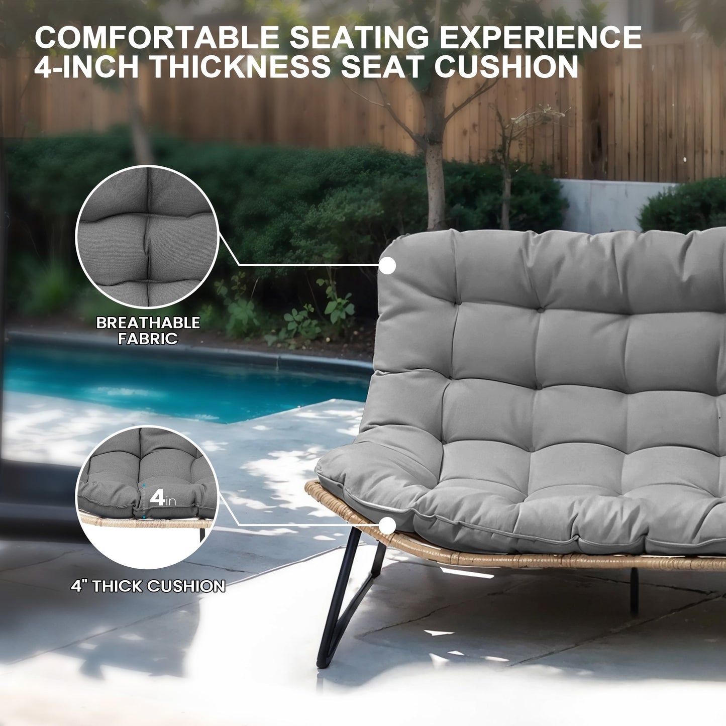 Fauteuil Papasan double avec coussin, en rotin PE résistant aux intempéries et cadre en métal, pour intérieur et extérieur.
