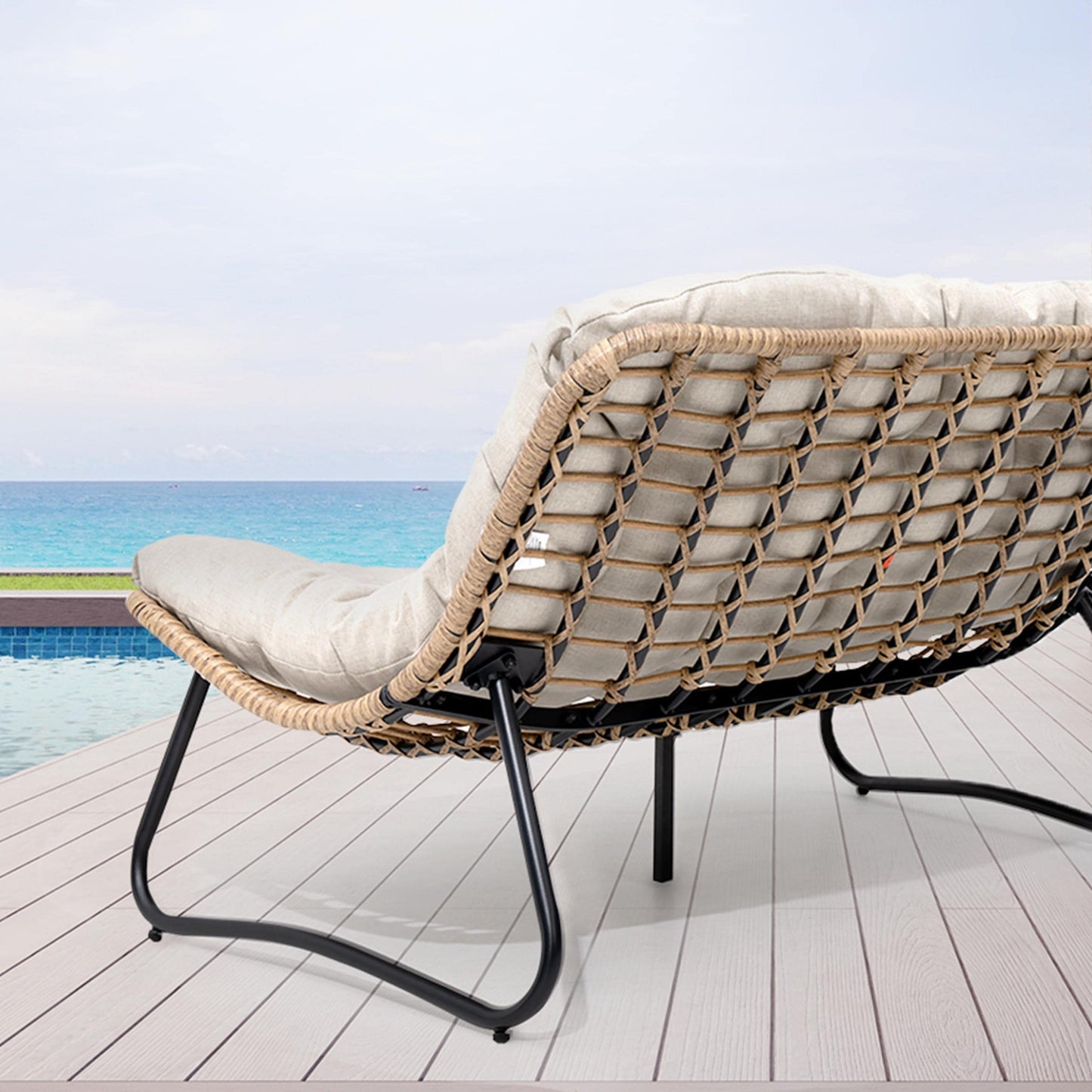 Fauteuil Papasan double avec coussin, en rotin PE résistant aux intempéries et cadre en métal, pour intérieur et extérieur.