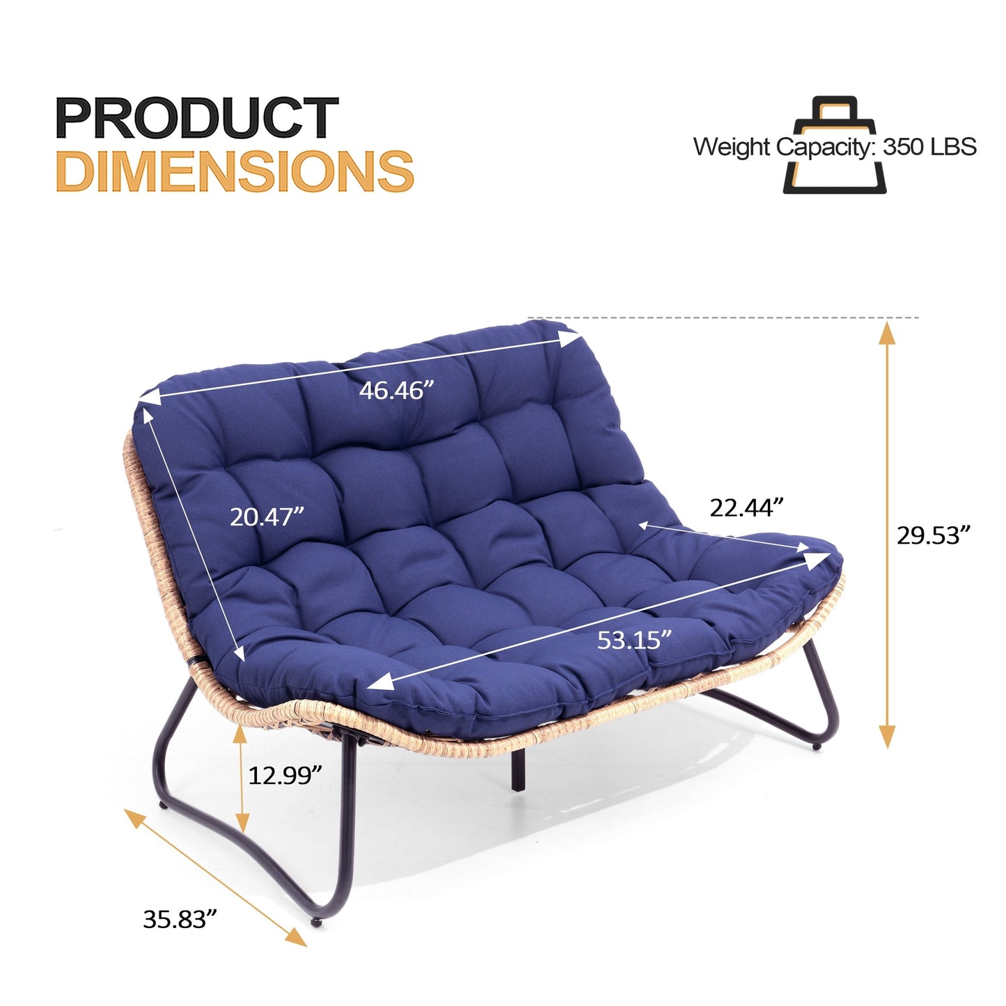Fauteuil Papasan double avec coussin, en rotin PE résistant aux intempéries et cadre en métal, pour intérieur et extérieur.