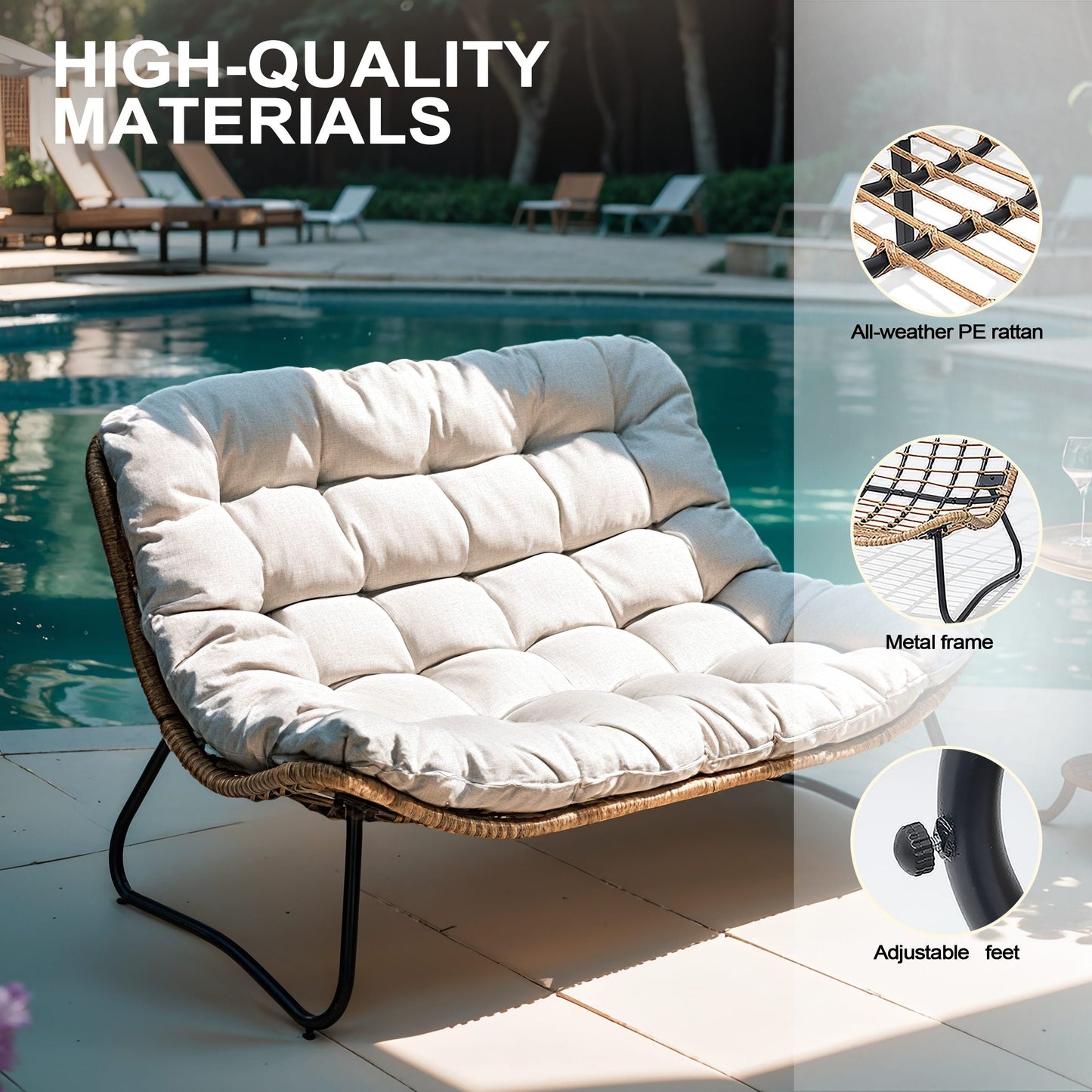 Fauteuil Papasan double avec coussin, en rotin PE résistant aux intempéries et cadre en métal, pour intérieur et extérieur.