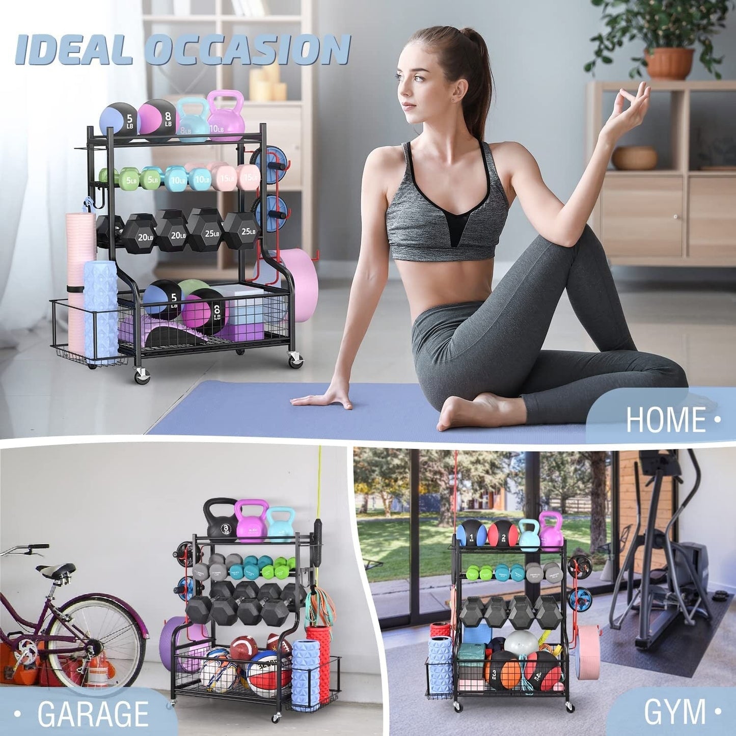 Support pour haltères, support pour poids, rangement pour tapis de yoga et ballons pour salle de sport à domicile, organisateur d'équipement