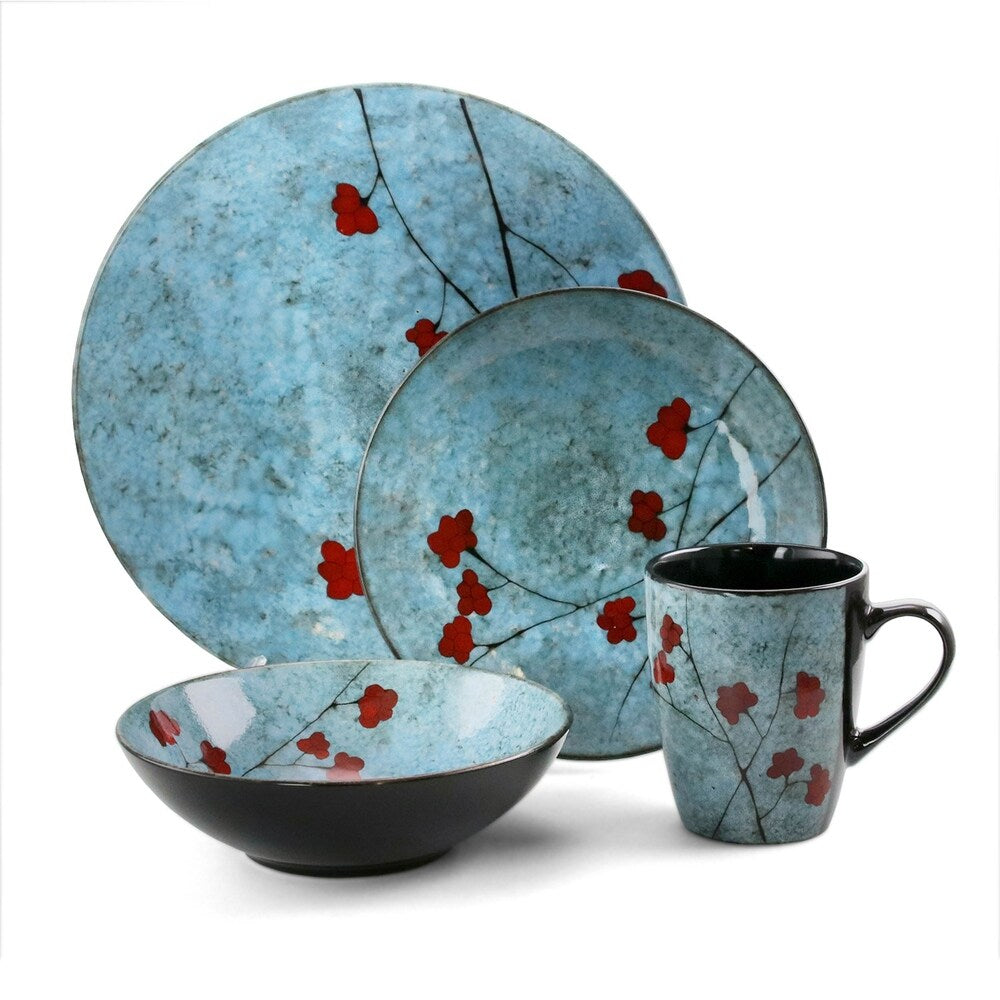 Service de table Elama Floral Accents en grès, 16 pièces, bleu.