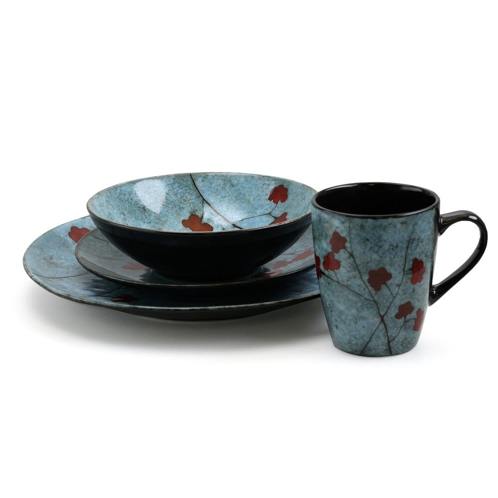 Service de table Elama Floral Accents en grès, 16 pièces, bleu.