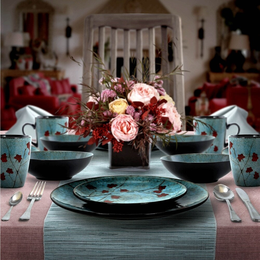 Service de table Elama Floral Accents en grès, 16 pièces, bleu.