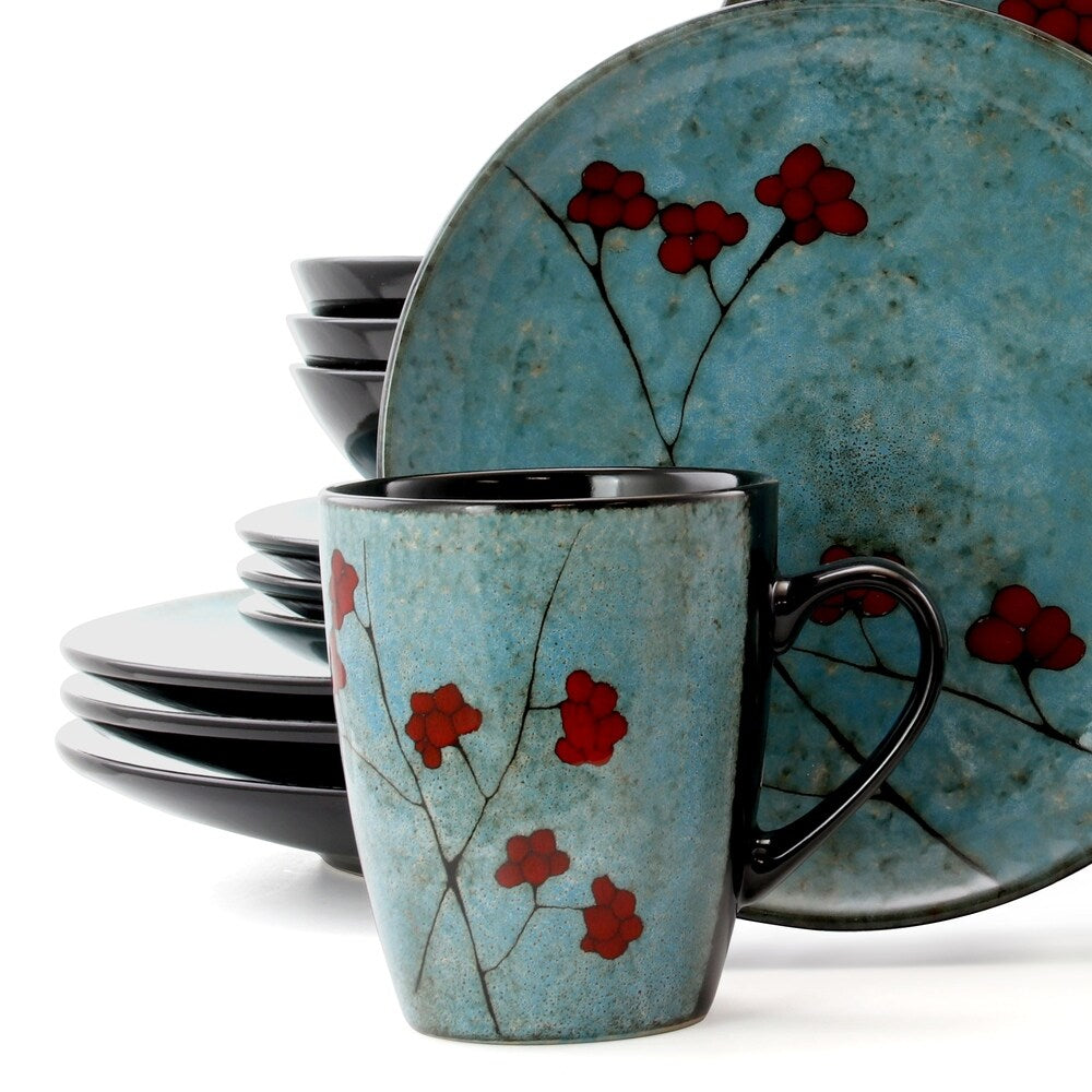Service de table Elama Floral Accents en grès, 16 pièces, bleu.