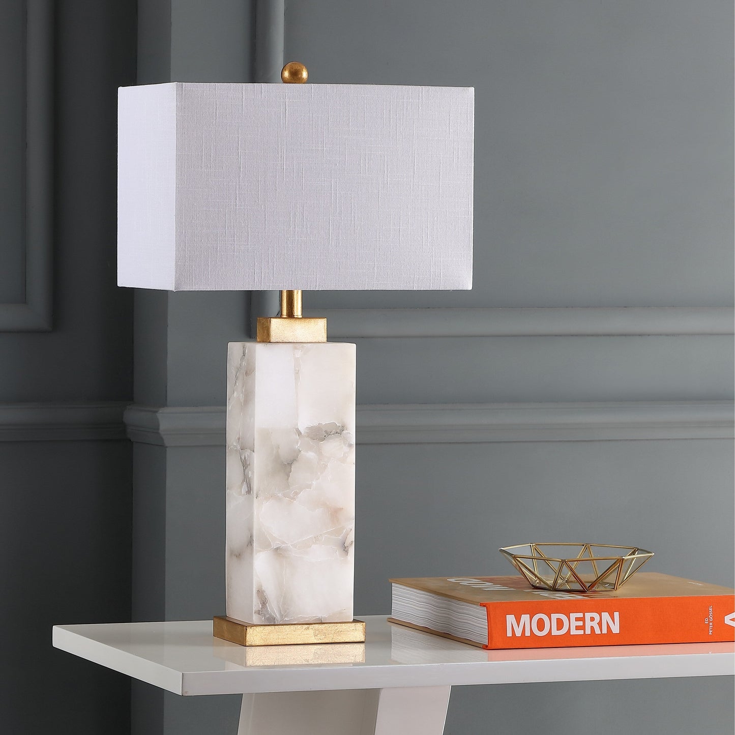 Lampe de table Eloise en albâtre avec LED, 27,5 pouces, blanc/feuille d'or par JONATHAN Y