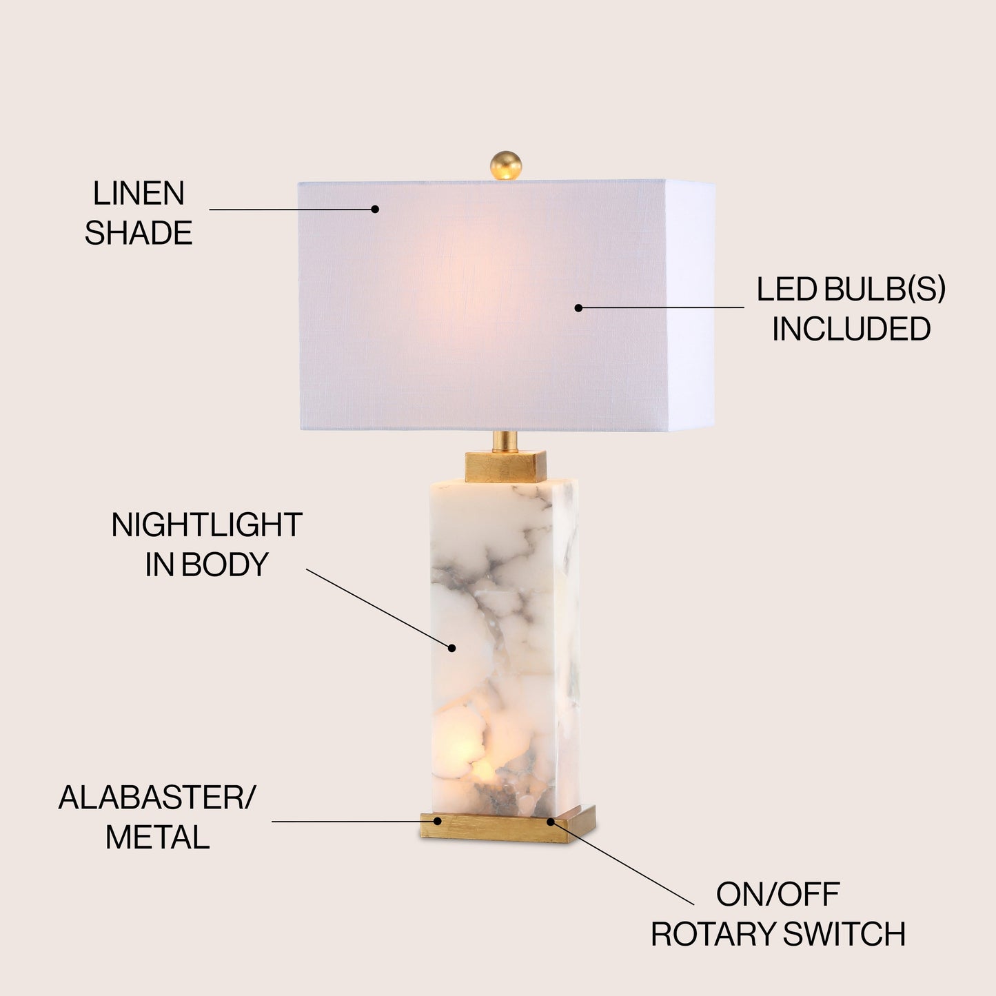 Lampe de table Eloise en albâtre avec LED, 27,5 pouces, blanc/feuille d'or par JONATHAN Y