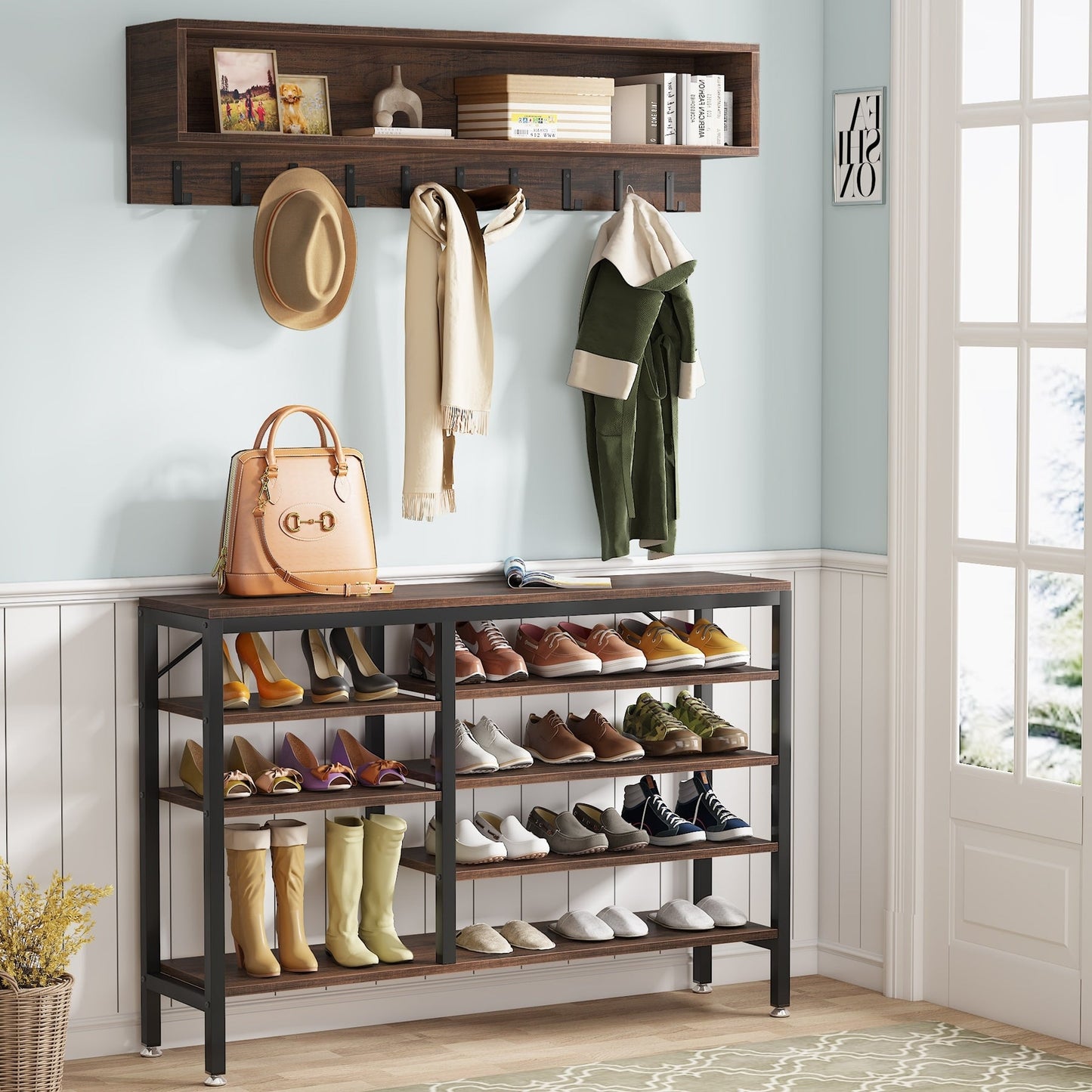 Ensemble porte-manteau et banc à chaussures pour entrée, porte-manteau et rangement de chaussures style industriel