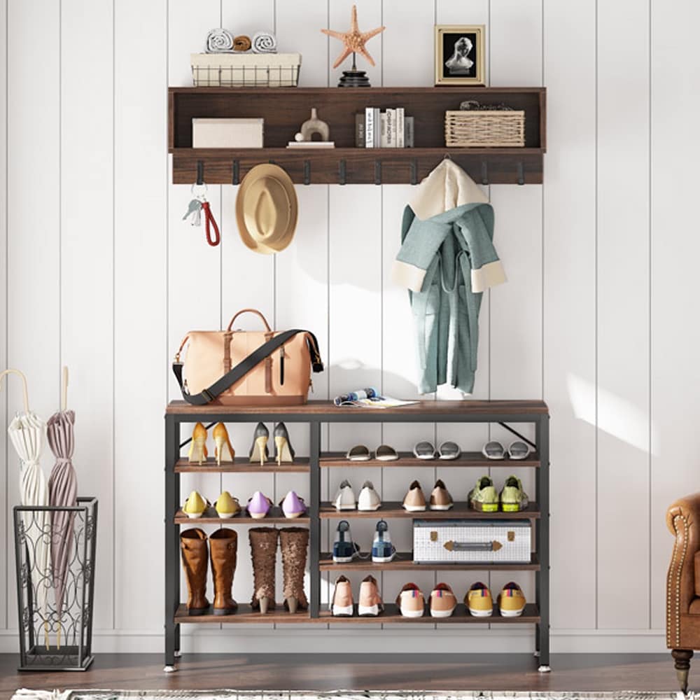 Ensemble porte-manteau et banc à chaussures pour entrée, porte-manteau et rangement de chaussures style industriel