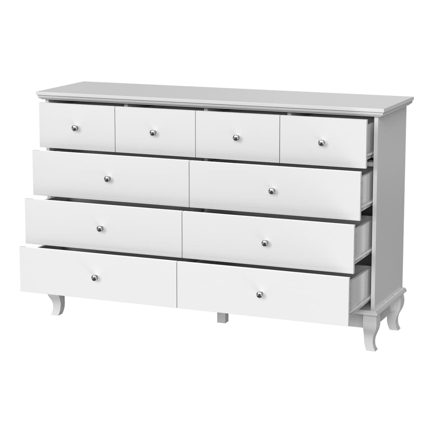 Commode de chambre à coucher double de 135 cm de large avec tiroirs de rangement