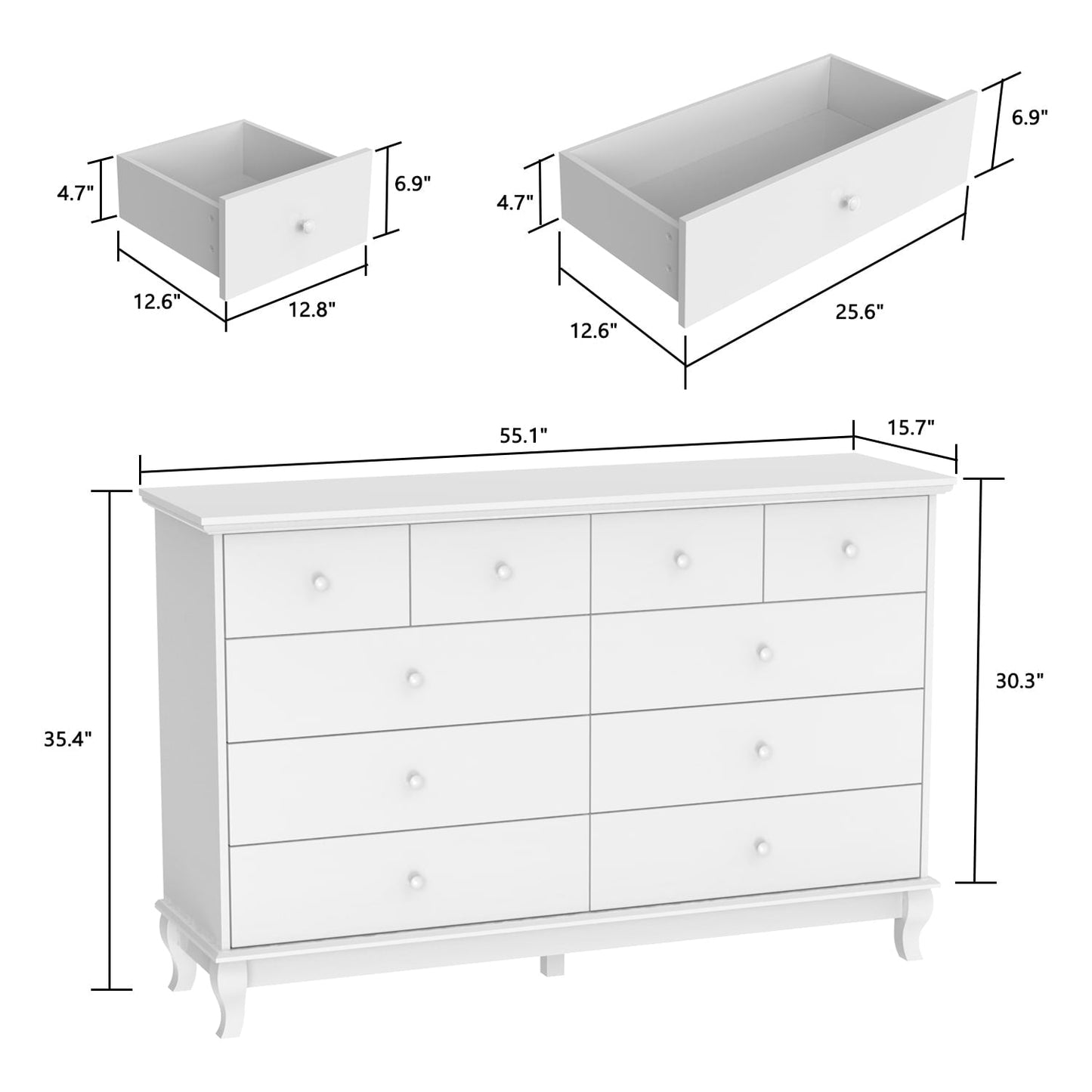 Commode de chambre à coucher double de 135 cm de large avec tiroirs de rangement