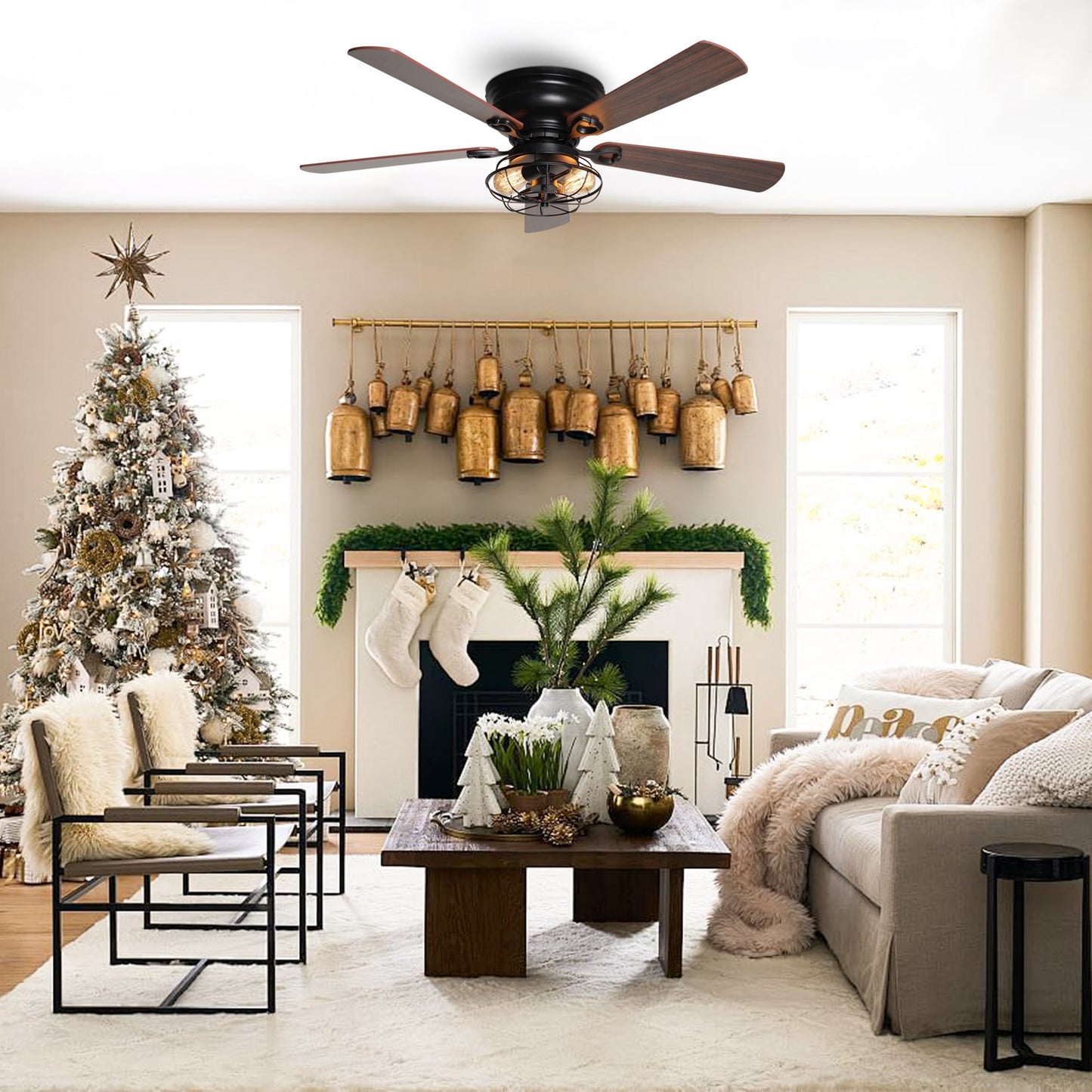 Ventilateur de plafond à 5 pales en bois de 122 cm (48 pouces) à montage encastré, style rustique, noir, avec télécommande et kit d'éclairage.