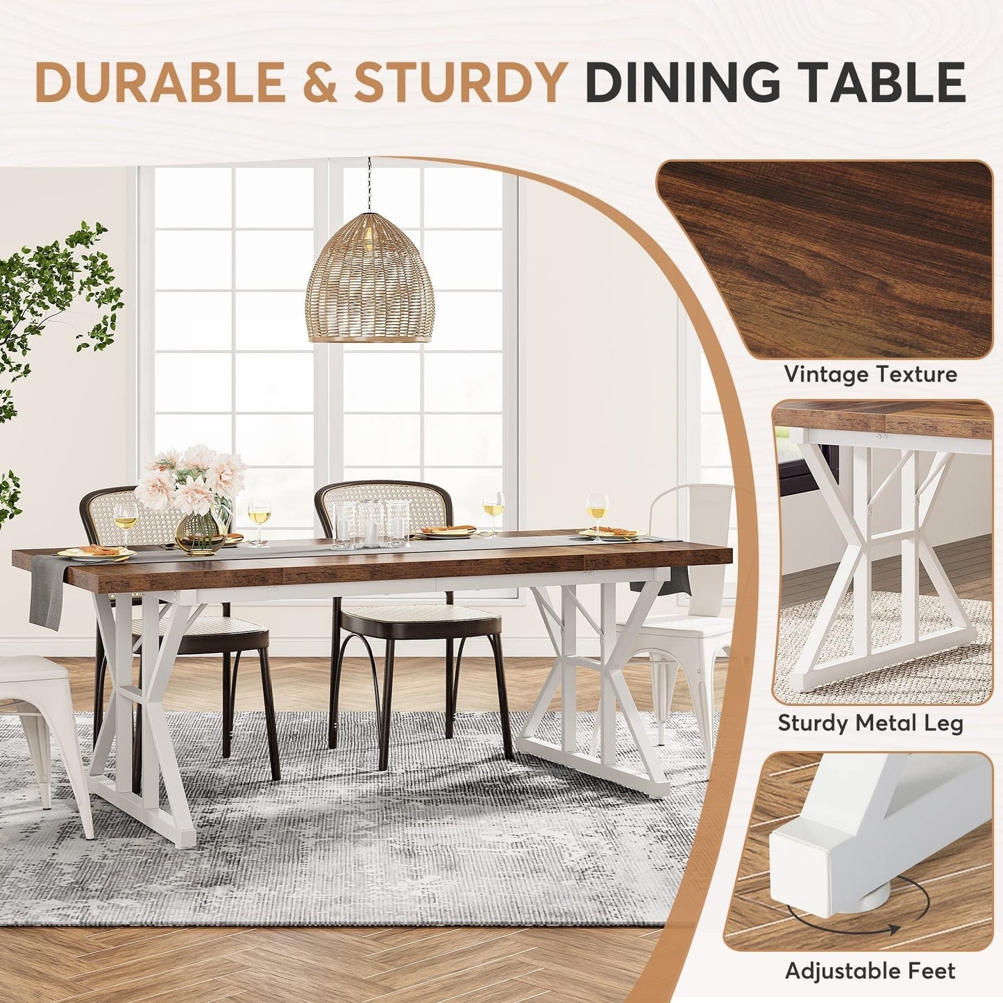 Table de salle à manger de style farmhouse pour 6 personnes, table de cuisine rectangulaire en bois de 70,8 pouces