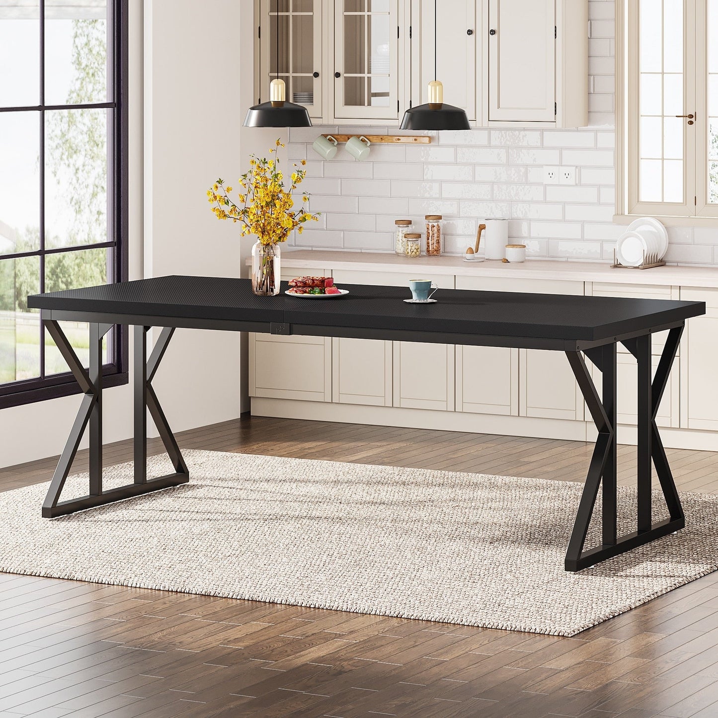 Table de salle à manger de style farmhouse pour 6 personnes, table de cuisine rectangulaire en bois de 70,8 pouces