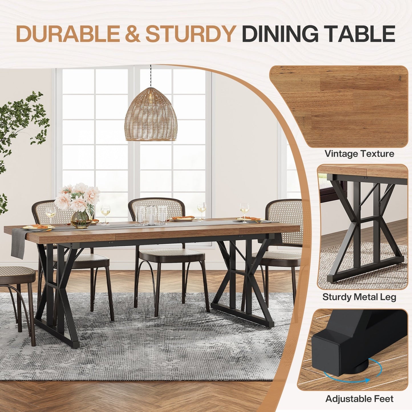 Table de salle à manger de style farmhouse pour 6 personnes, table de cuisine rectangulaire en bois de 70,8 pouces