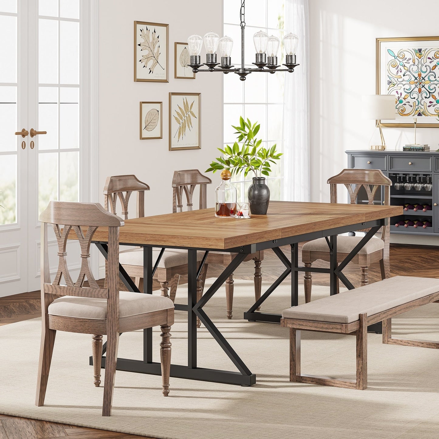 Table de salle à manger de style farmhouse pour 6 personnes, table de cuisine rectangulaire en bois de 70,8 pouces