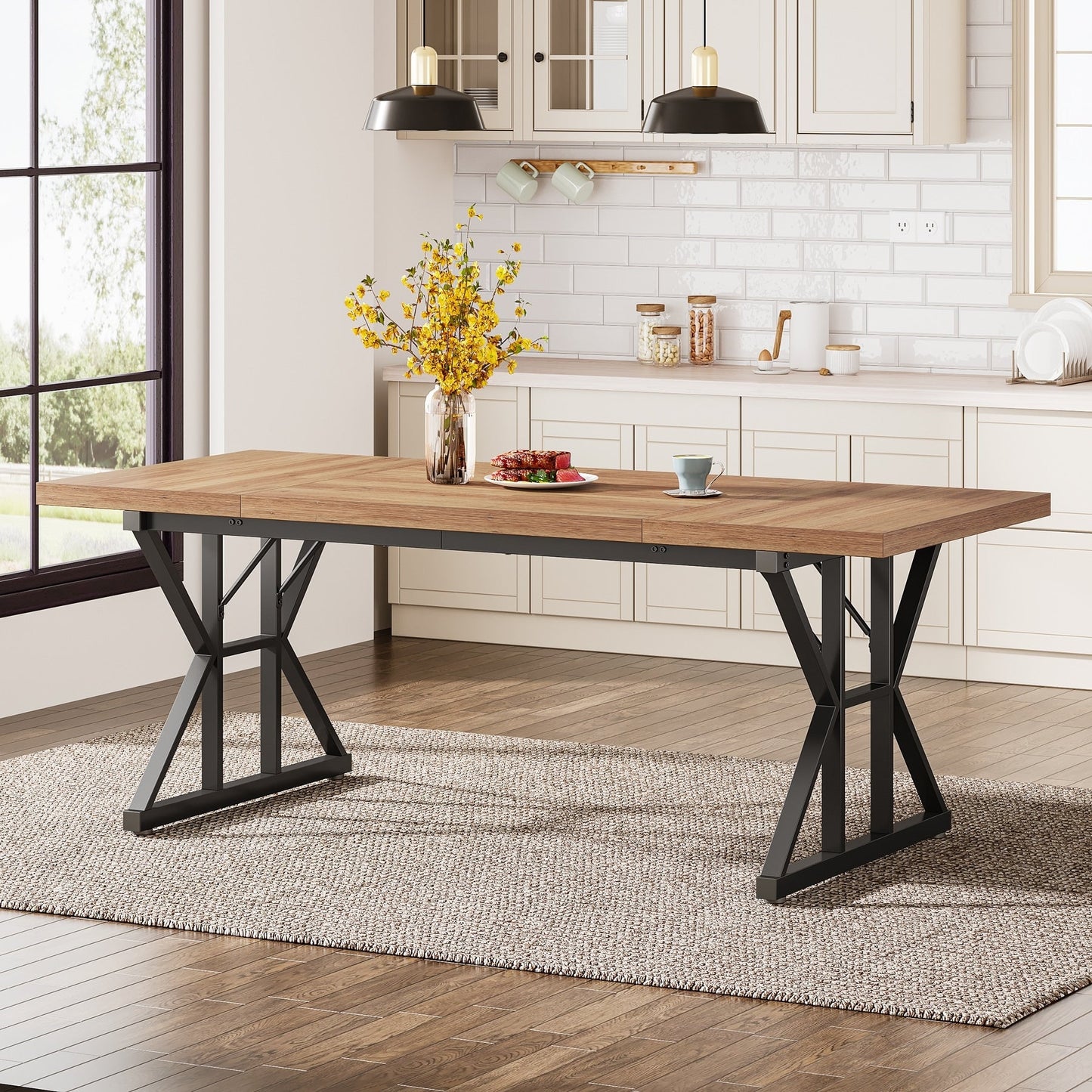 Table de salle à manger de style farmhouse pour 6 personnes, table de cuisine rectangulaire en bois de 70,8 pouces