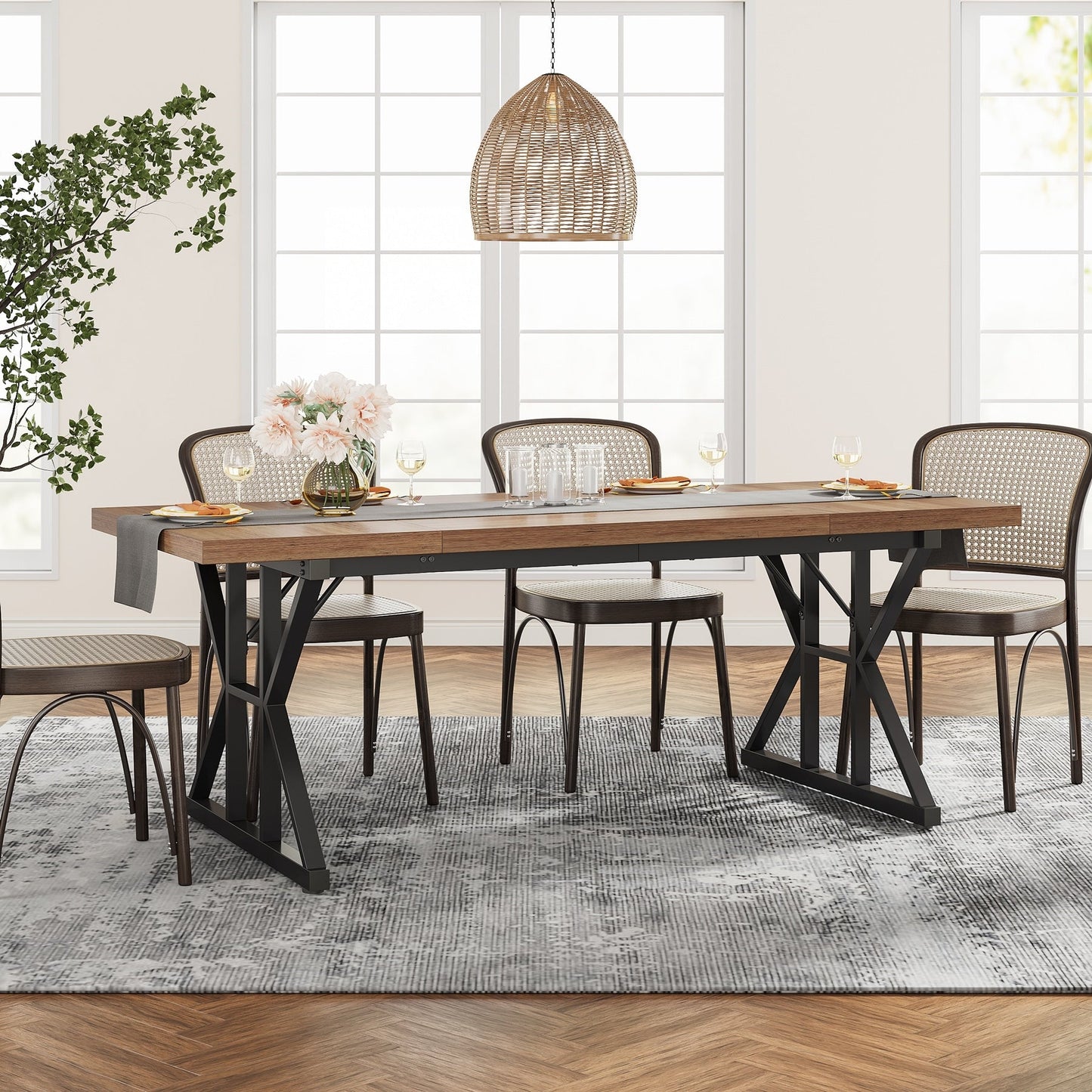 Table de salle à manger de style farmhouse pour 6 personnes, table de cuisine rectangulaire en bois de 70,8 pouces