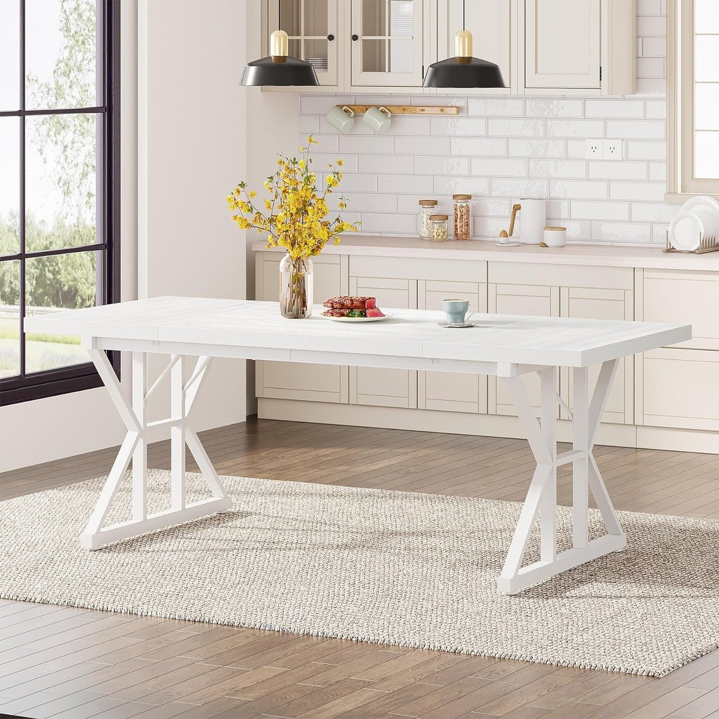 Table de salle à manger de style farmhouse pour 6 personnes, table de cuisine rectangulaire en bois de 70,8 pouces