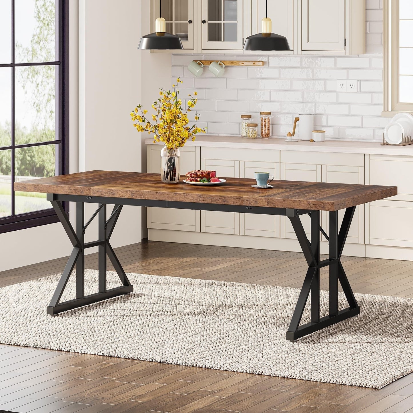 Table de salle à manger de style farmhouse pour 6 personnes, table de cuisine rectangulaire en bois de 70,8 pouces
