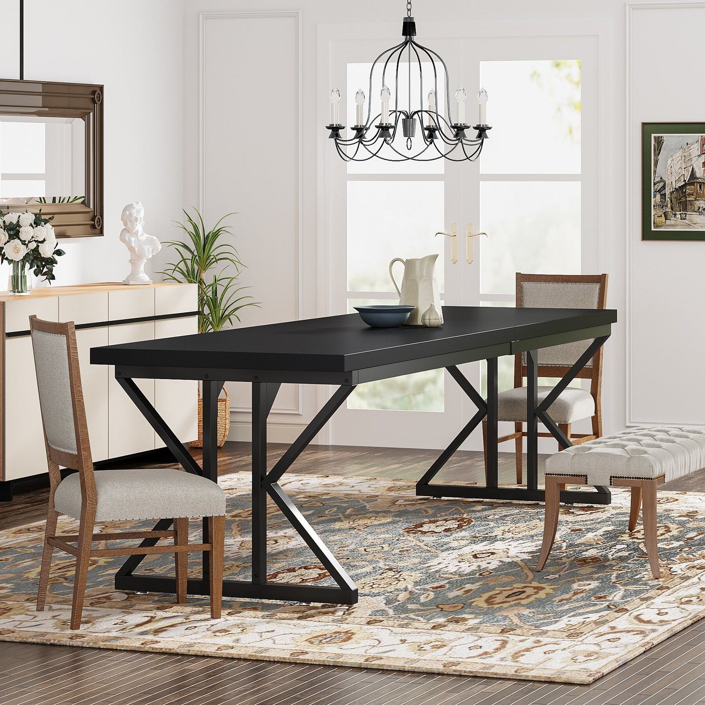 Table de salle à manger de style farmhouse pour 6 personnes, table de cuisine rectangulaire en bois de 70,8 pouces