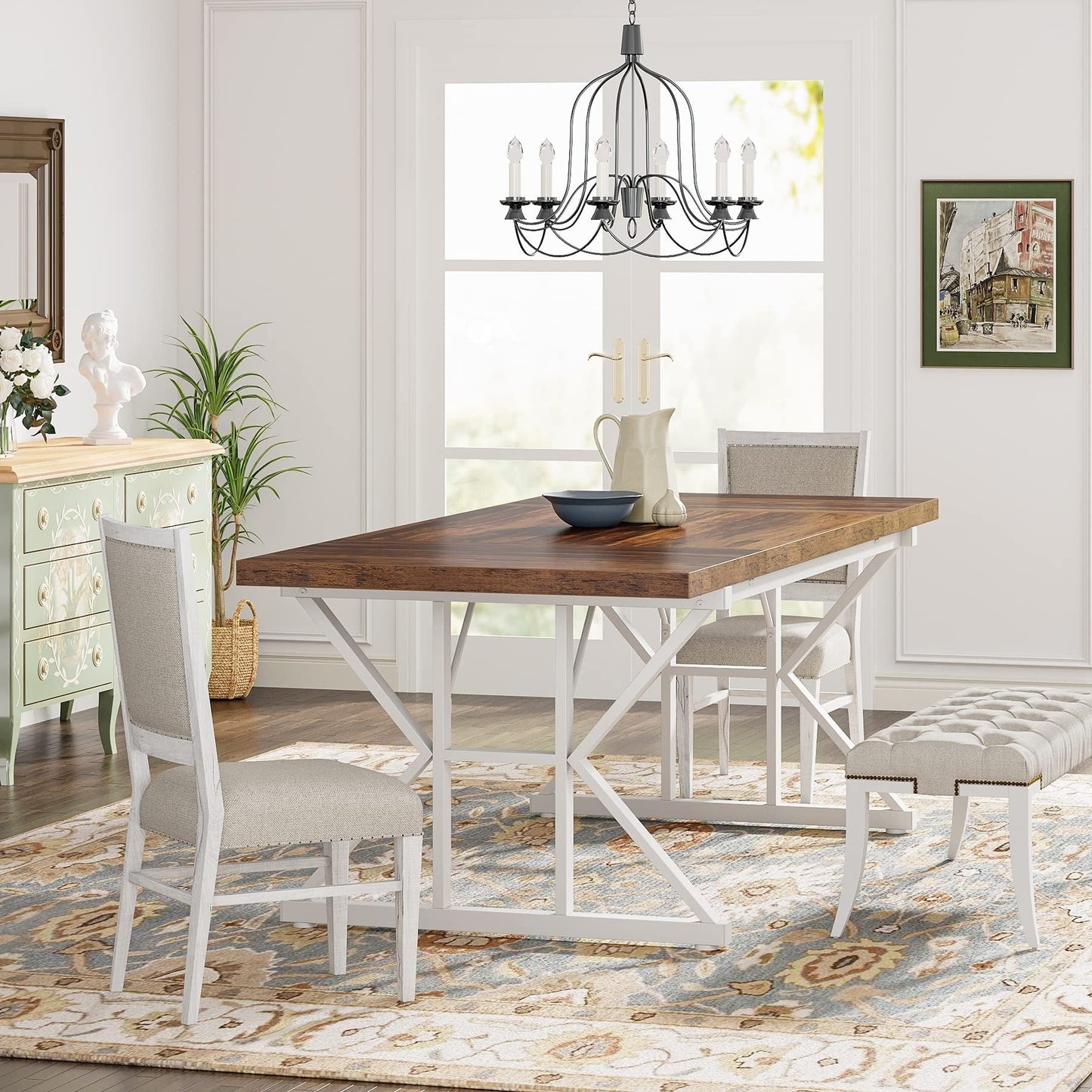 Table de salle à manger de style farmhouse pour 6 personnes, table de cuisine rectangulaire en bois de 70,8 pouces