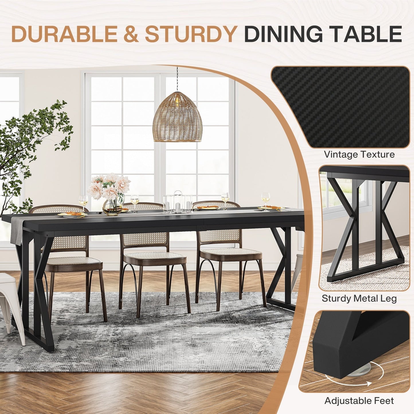 Table de salle à manger de style farmhouse pour 6 personnes, table de cuisine rectangulaire en bois de 70,8 pouces