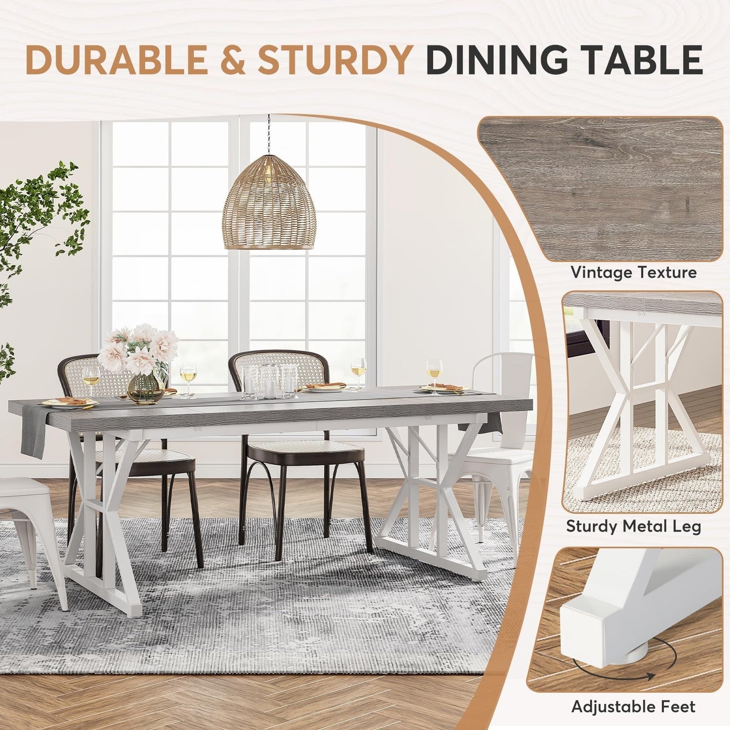 Table de salle à manger de style farmhouse pour 6 personnes, table de cuisine rectangulaire en bois de 70,8 pouces