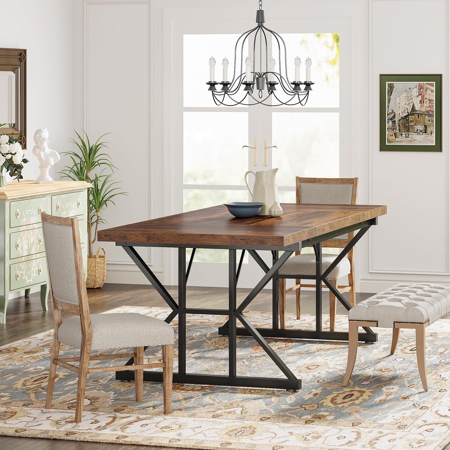Table de salle à manger de style farmhouse pour 6 personnes, table de cuisine rectangulaire en bois de 70,8 pouces